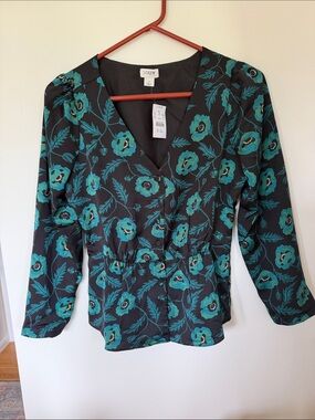 NWT, J. Crew Peplum Black Blouse with Teal Floral Print, size 2